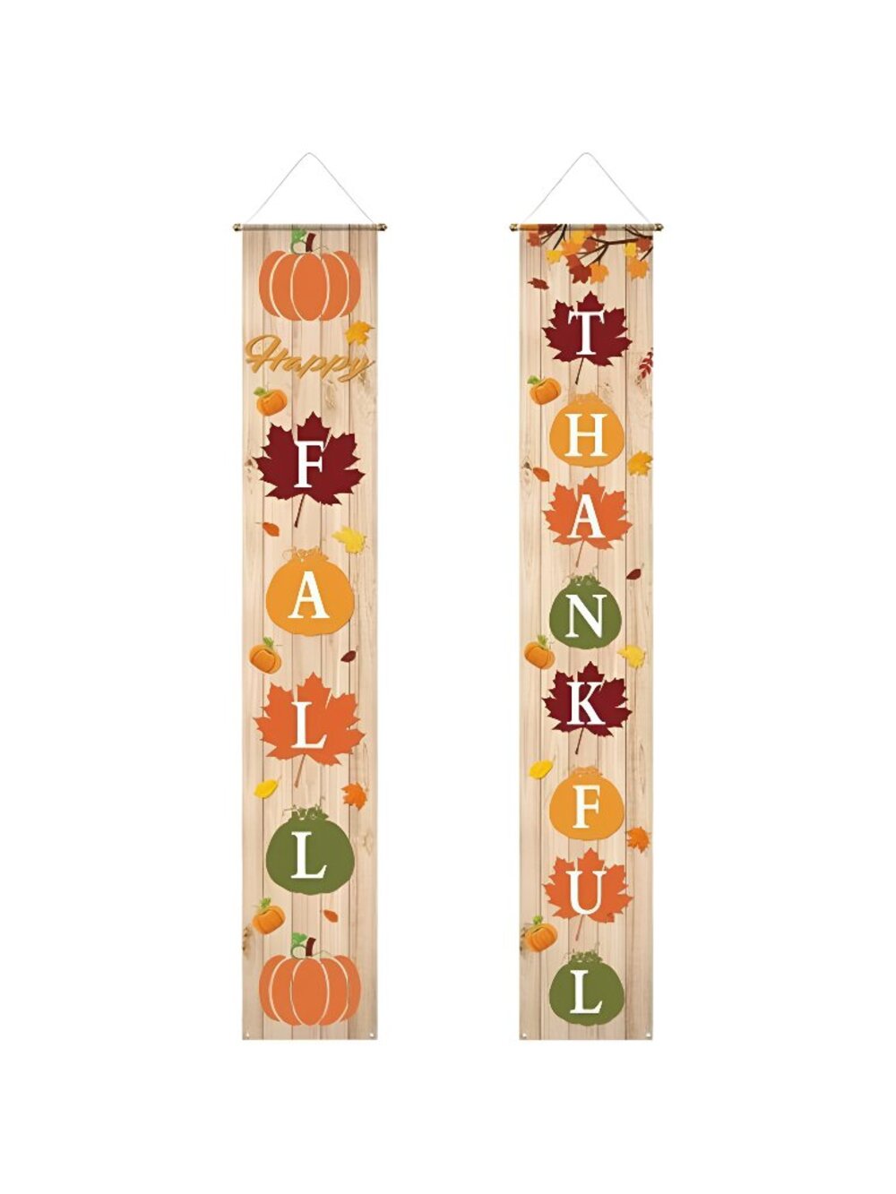 Happy Fall Thankful Themed Porch Sign Banner Polyester Wall Hanging Decor 2pcs
